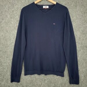 Tommy Jeans Sweater Mens Medium Navy Blue V-Neck Long Sleeve Flag Logo Pullover